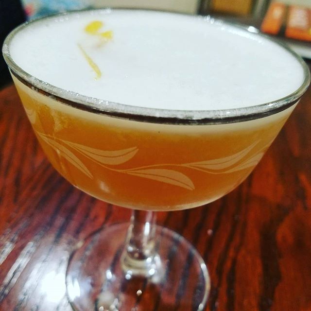 Whiskey sour.
Rittenhouse, lemon juice, simple syrup, a bit of antica vermouth and an egg white. 

Photo by @nom_nom_slurp